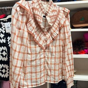Sezane Orange and White Plaid Button Down Shirt